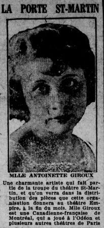 Des représentations de la troupe du théâtre de la Porte Saint-Martin mettant en scène Antoinette Giroux données à au théâtre Empire à la fin du mois de novembre 1926, 19 novembre 1926