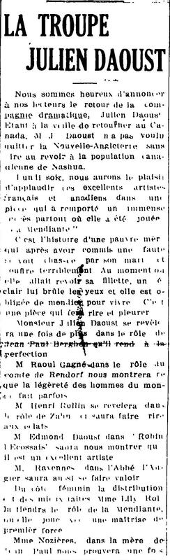 "LA TROUPE JULIEN DAOUST", L'Impartial (Nashua, New Hampshire), 7 février 1918, p.1, 1/2.