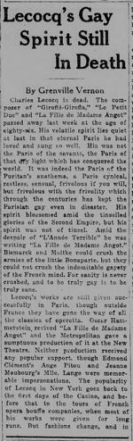 « La fille de Madame Angot » revived by Oscar Hammerstein and played at the New Theatre after the death of Charles Lecocq in New York, November 3rd, 1918