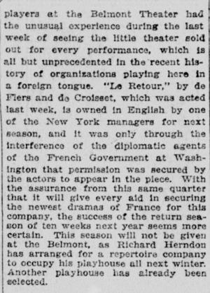 The French Players, led by Charles Schauten at the Belmont Theater, presented « Le retour » by De Flers and De Croisset last week, May 7, 1922