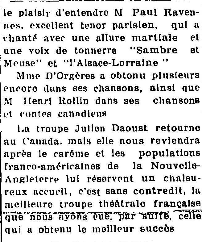 "LA TROUPE JULIEN DAOUST TRIOMPHE HIER SOIR", L'Impartial (Nashua, New Hampshire), 12 février 1918, p.1