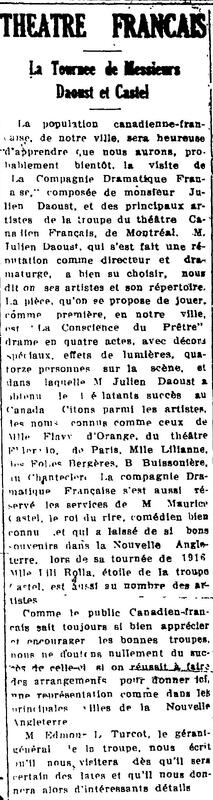 "THEATRE FRANCAIS: La Tournee de Messieurs Daoust et Castel", L'Impartial (Nashua, New Hampshire), 9 janvier 1917, p.4.