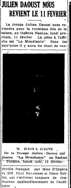 "JULIEN DAOUST NOUS REVIENT LE 11 FEVRIER", L'Impartial (Nashua, New Hampshire), 5 février 1918, p.4.