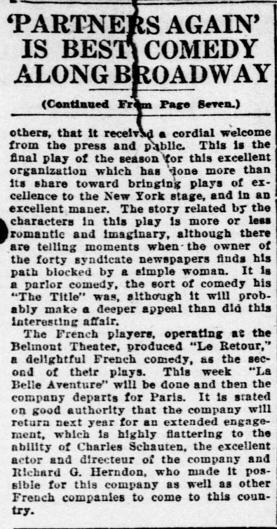 « Le retour » and « La belle aventure » played at the Belmont Theater by the French players under the direction of Charles Schauten, May 13th, 1922