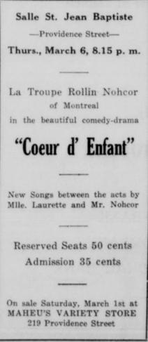 Troupe of Rollin Nohcor of Montreal presents « Coeur d'enfant » in Putnam, at Salle St. Jean Baptiste, March 6, 1930