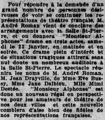 Mimi D'Estée et André Roman dans « Monsieur Alphonse » présenté à la salle St-Pierre, le 22 janvier 1927