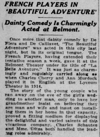 The dainty comedy « La belle aventure » played at the Belmont Theater by the French Players on May 8, 1922