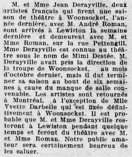 Entre Woonsocket et Lewiston: le théâtre francophone de Mimi D'Estée (Mme Derayville) et d'André Roman, 20 décembre 1926