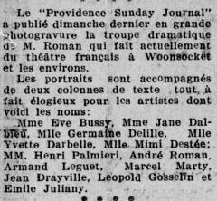 Le théâtre français de la troupe dramatique de M. Roman à Woonsocket et ses environs, 12 février 1926