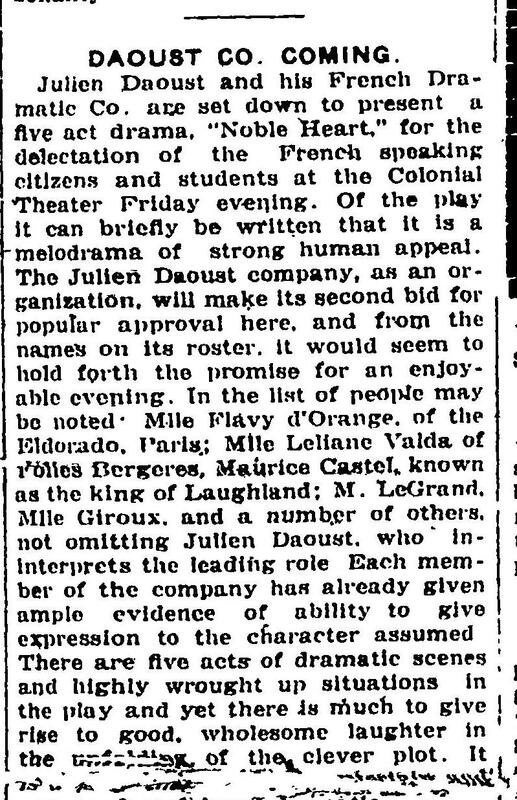 "DAOUST CO. COMING", The Nashua Telegraph (Nashua, New Hampshire), 3 mai 1917, p.6.