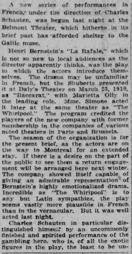 The team under the direction of Charles Schauten presents « La rafale » by Henri Bernstein, at the Belmont Theater, April 26, 1922