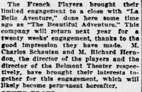The French Players under the direction of Charles Schauten plays « La belle aventure » at the Belmont Theater, May 20, 1922