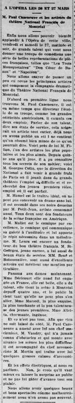 À l'Opéra les 26 et 27 mars : Paul Cazeneuve et les artistes du Théâtre National français de Montréal