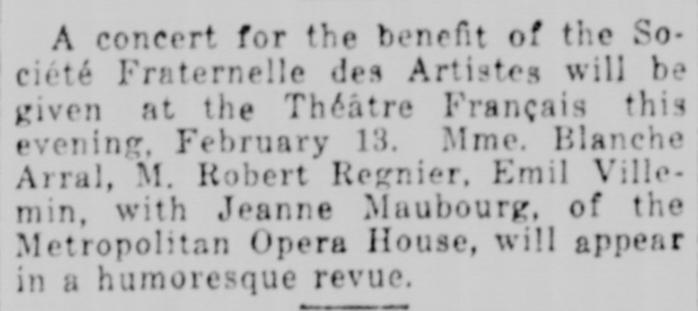 Jeanne Maubourg plays in a humoresque revue at the Théâtre Français, February 13, 1916