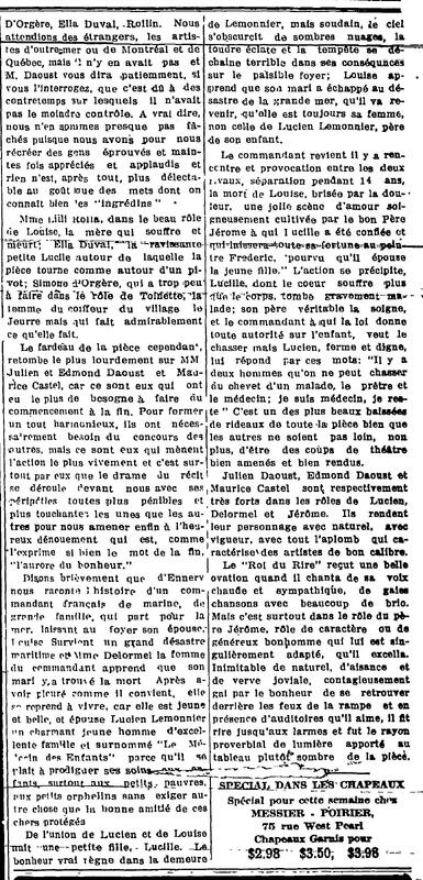 "LA TROUPE JULIEN DAOUST", L'Impartial (Nashua, New Hampshire), 20 avril 1918, p.1 (2/2)
