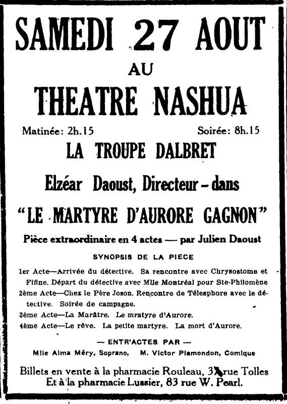 "SAMEDI 27 AOUT AU THEATRE NASHUA", L'Impartial (Nashua, New Hampshire), 27 août 1921, p.7.