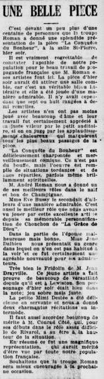 La troupe d'André Roman présente « La conquête du bonheur » à la salle St-Pierre, le 10 février 1927
