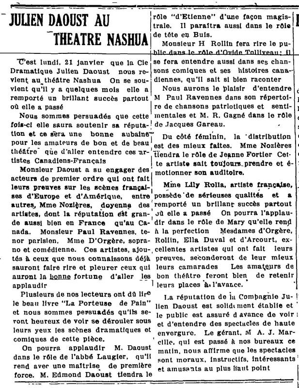 "JULIEN DAOUST AU THÉÂTRE NASHUA", L'Impartial (Nashua, New Hampshire), 12 janvier 1918, p.1