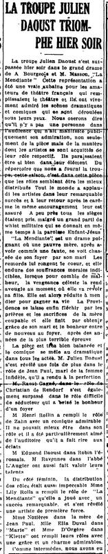 "LA TROUPE JULIEN DAOUST TRIOMPHE HIER SOIR", L'Impartial (Nashua, New Hampshire), 12 février 1918, p.1