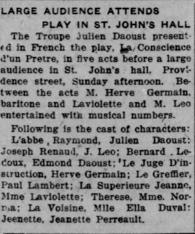 Large audience for « La conscience d'un prêtre » in St. John's Hall, October 16, 1921