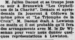 « Les orphelines de la charité » et « Le triomphe de la croix » : Julien Daoust et sa troupe à Brunswick, Old Town et Lewiston, 22 mai 1922