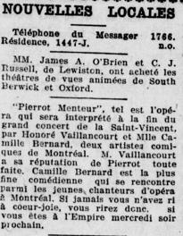 Honoré Vaillancourt présente « Pierrot Menteur » à l'Empire, à la fin du grand concert de la Saint-Vincent, à Lewiston, 6 février 1920