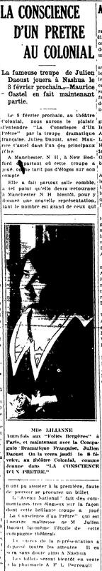 "LA CONSCIENCE D'UN PRETRE AU COLONIAL", L'Impartial (Nashua, New Hampshire), 1er février 1917, p.6.