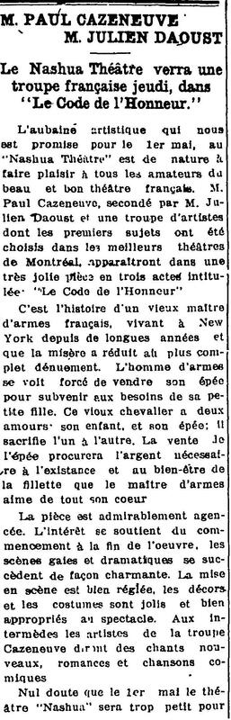 "Le Nashua Théâtre verra une troupe française jeudi, dans Le Code de l'Honneur", L'Impartial (Nashua, New Hampshire), 29 avril 1919, p.1, 1/2.