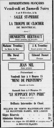 La troupe du clocher de Montréal présente « Menu de printemps » et « Le supplice d'un père » à Lewiston, les 8 et 9 février 1929, à la salle St-Pierre