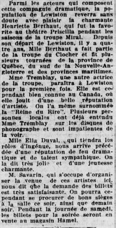 La troupe Jean Nel présente « Menu de printemps » et « Le supplice d'un père » à la salle St-Pierre à Lewiston, et à Pawtucket, 8 février 1929