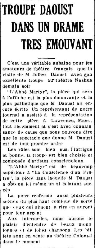 "TROUPE DAOUST DANS UN DRAME TRES EMOUVANT", L'Impartial (Nashua, New Hampshire), 24 avril 1923, p.1.