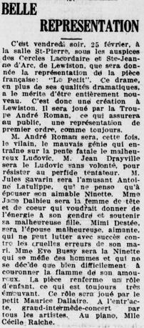 La pièce dramatique « Le Petit » jouée à la salle St-Pierre à Lewiston par la troupe d'André Roman, le 25 février 1927