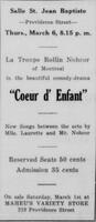 Troupe of Rollin Nohcor of Montreal presents « Coeur d'enfant » in Putnam, at Salle St. Jean Baptiste, March 6, 1930
