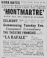 A brillant French company presents « Montmartre » and « La rafale » in New York, at the Nora Bayes and Belmont Theaters, April 23, 1922