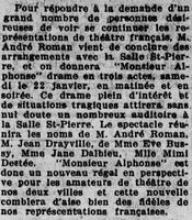 Mimi D'Estée et André Roman dans « Monsieur Alphonse » présenté à la salle St-Pierre, le 22 janvier 1927