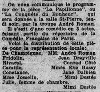 « La conquête du bonheur », ou « La papillonne », jouée par la troupe d'André Roman à la salle St-Pierre, le 24 février 1927