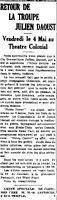 "RETOUR DE LA TROUPE JULIEN DAOUST", L'Impartial (Nashua, New Hampshire), 26 avril 1917, p.6.