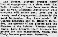 The French Players under the direction of Charles Schauten plays « La belle aventure » at the Belmont Theater, May 20, 1922