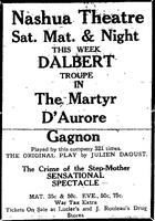 "DALBERT TROUPE IN The Martyr D'Aurore Gagnon", The Nashua Telegraph (Nashua, New Hampshire), 27 août 1921, p.6.