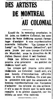 "DES ARTISTES DE MONTREAL AU COLONIAL", L'Impartial (Nashua, New Hampshire), 14 juin 1923, p.1.