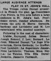 « La conscience d'un prêtre » presented by the troupe of Julien Daoust in front of a large audience in St. John's Hall, October 12, 1921