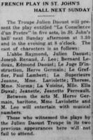 The troupe of Julien Daoust presents « La conscience d'un prêtre » in St. John's hall next Sunday afternoon and night, October 7, 1921