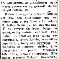"LA TROUPE JULIEN DAOUST ET MAURICE CASTEL ICI JEUDI", L'Impartial (Nashua, New Hampshire), 16 avril 1918, p.1.