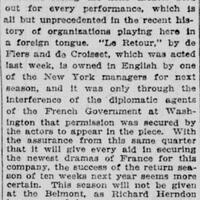 The French Players, led by Charles Schauten at the Belmont Theater, presented « Le retour » by De Flers and De Croisset last week, May 7, 1922