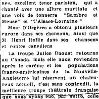 "LA TROUPE JULIEN DAOUST TRIOMPHE HIER SOIR", L'Impartial (Nashua, New Hampshire), 12 février 1918, p.1