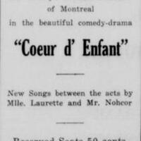 Troupe of Rollin Nohcor of Montreal presents « Coeur d'enfant » in Putnam, at Salle St. Jean Baptiste, March 6, 1930