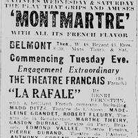 A brillant French company presents « Montmartre » and « La rafale » in New York, at the Nora Bayes and Belmont Theaters, April 23, 1922
