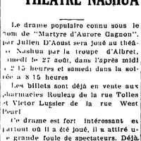 "LE MARTYRE DE AURORE GAGNON THEATRE NASHUA", L'Impartial (Nashua, New Hampshire), 25 août 1921, p.4.