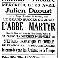 "JULIEN DAOUST et sa Troupe d'Artistes de Montreal, dans LE GRAND SUCCES DU JOUR", L'Impartial (Nashua, New Hampshire), 17 avril 1923, p.2.
