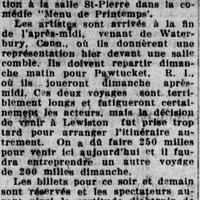 La troupe Jean Nel présente « Menu de printemps » et « Le supplice d'un père » à la salle St-Pierre à Lewiston, et à Pawtucket, 8 février 1929